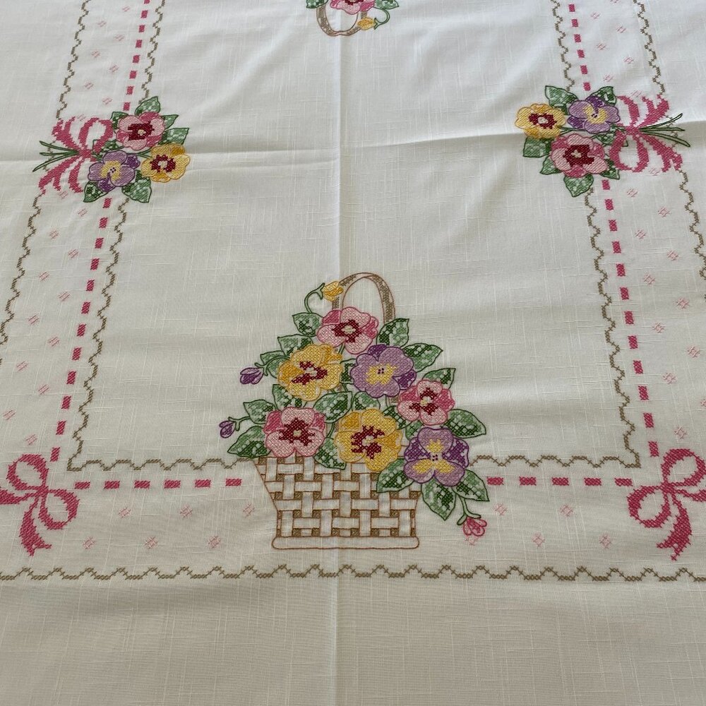 Vintage Hand Embroidered Pansy Tablecloth